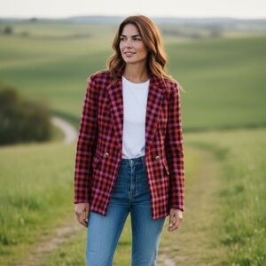 Stylish Red and Pink Plaid Women's Blazer
